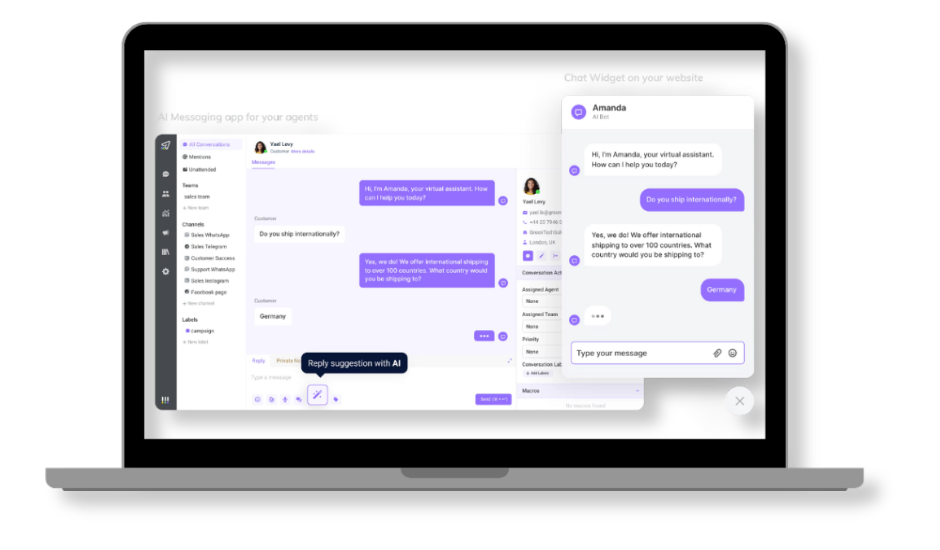 Laptop screen displaying a messaging app with a chat interface featuring a virtual assistant named Amanda conversing with a customer about international shipping options. The interface includes options for reply suggestions using AI and shows active conversation threads.