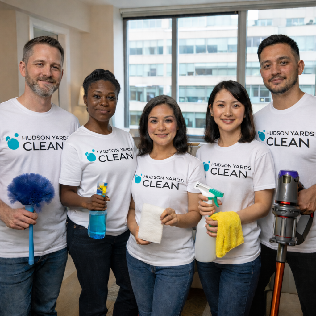 Group of five diverse people wearing white shirts with 'Hudson Yards Clean' logo, holding cleaning tools and supplies, standing indoors with a cityscape view through large windows.