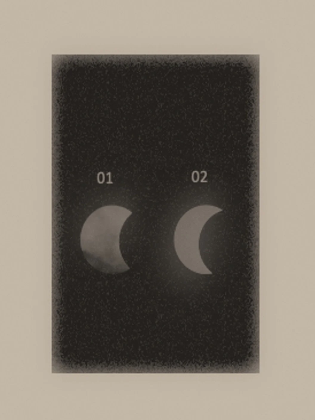 01 > 02

Exploring the moon&rsquo;s orbit, two moments in the same lunar cycle. Amar began here, and continues slowly in form, shaped by time.