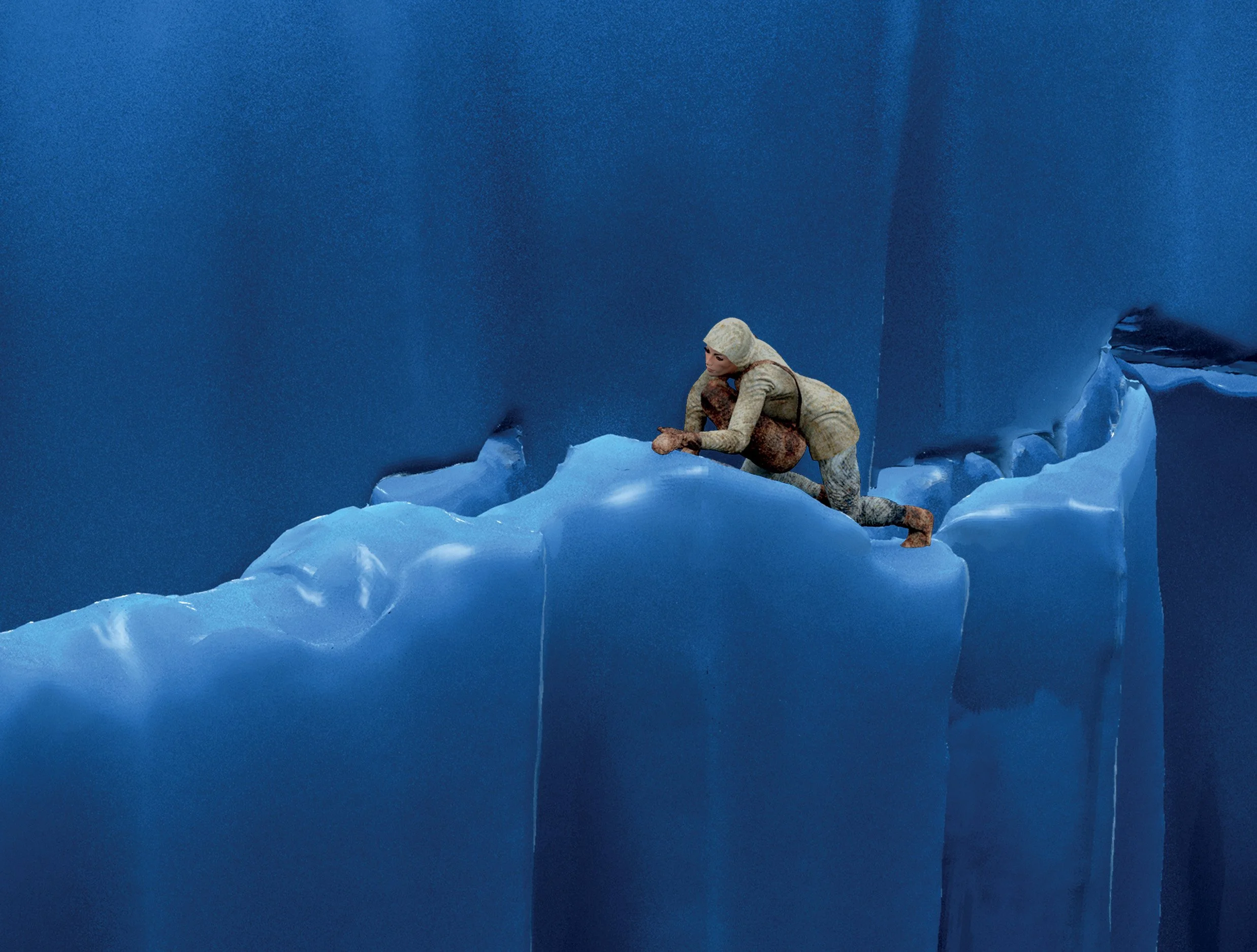 Raffa crawls on an ice ledge in a crevasse