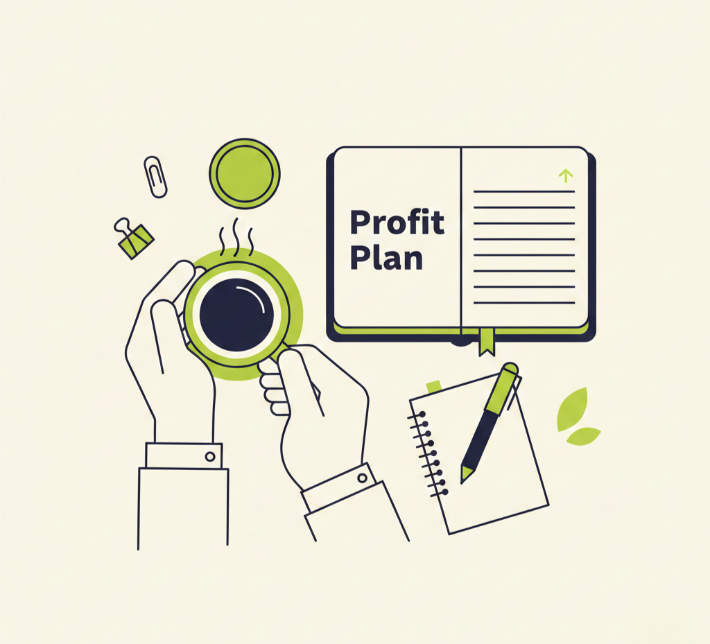 Hands holding a cup of coffee next to a journal labeled “Profit Plan”