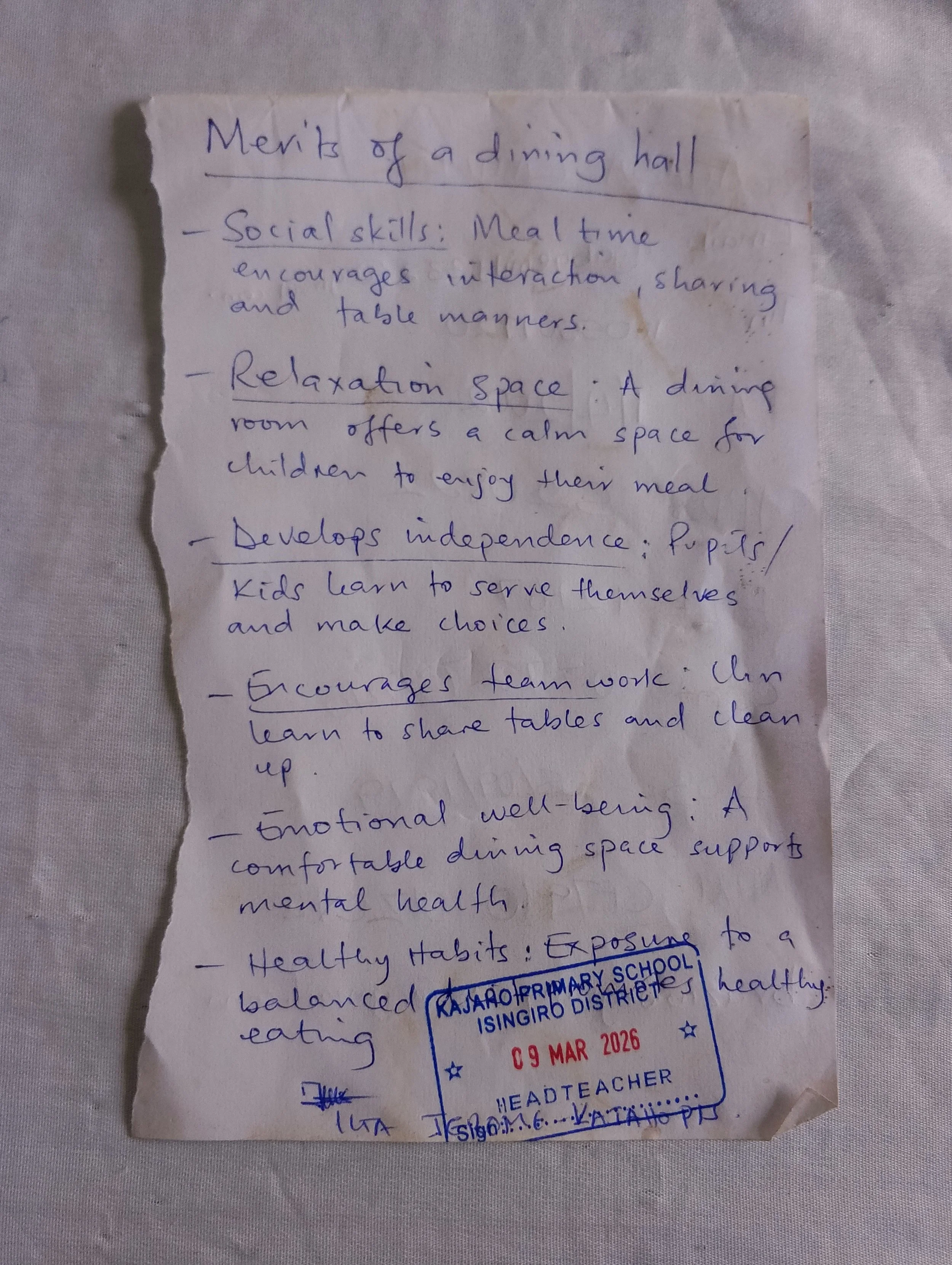 Head Teacher Jerome Iga’s description of the benefits of the new dining hall.