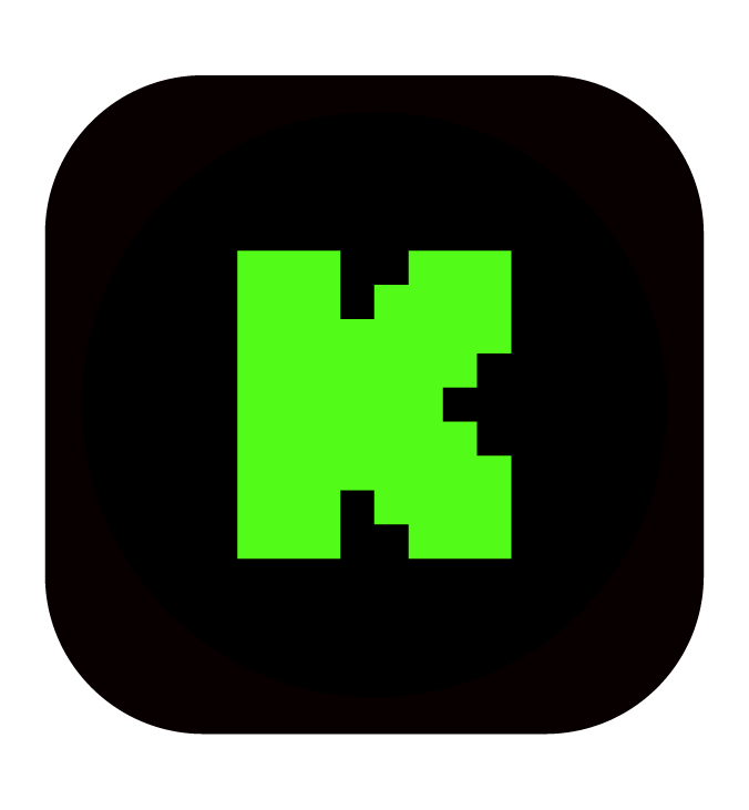 Green pixelated letter K on a black background.