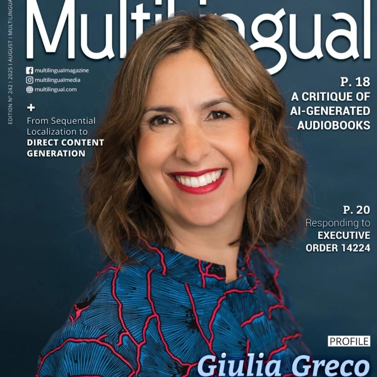 Giulia Greco, a smiling woman, on the cover of multilingual magazine