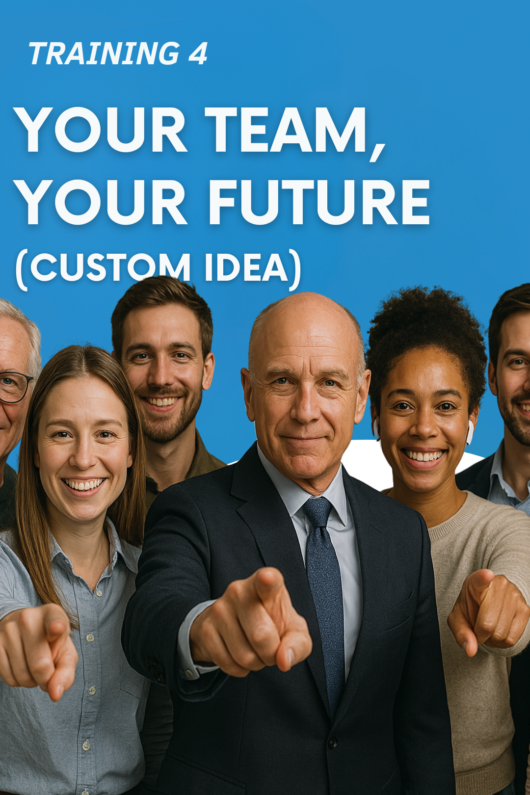Een groep mensen die glimlachen en naar de camera wijzen voor een training over teamontwikkeling met de tekst 'Training 4: Your Team, Your Future (Custom Idea)' op een blauwe achtergrond.