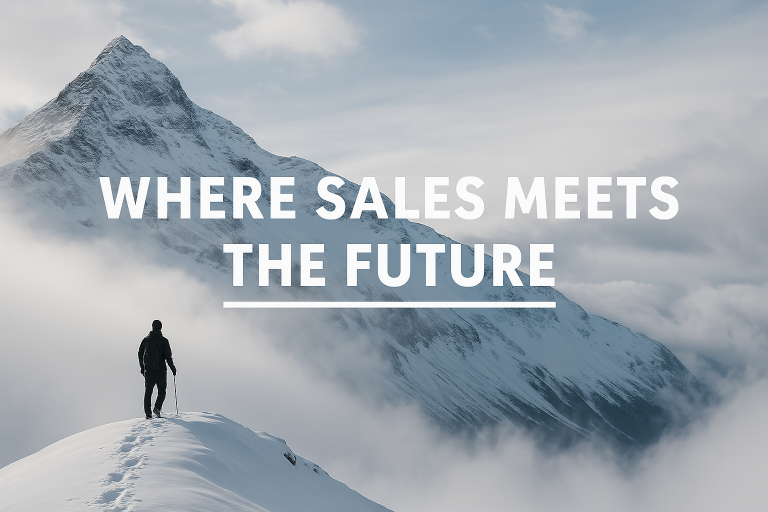 En persoon met wandelstokken op een besneeuwd bergpad met een hoge, besneeuwde berg en wolken op de achtergrond, met de tekst 'Where Sales Meets The Future' over het beeld.