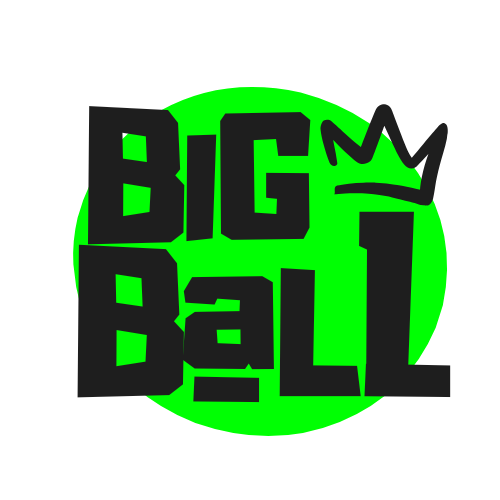 Logo van Big Ball met zwarte letters en een groene achtergrond, met een kroon boven de letter M.