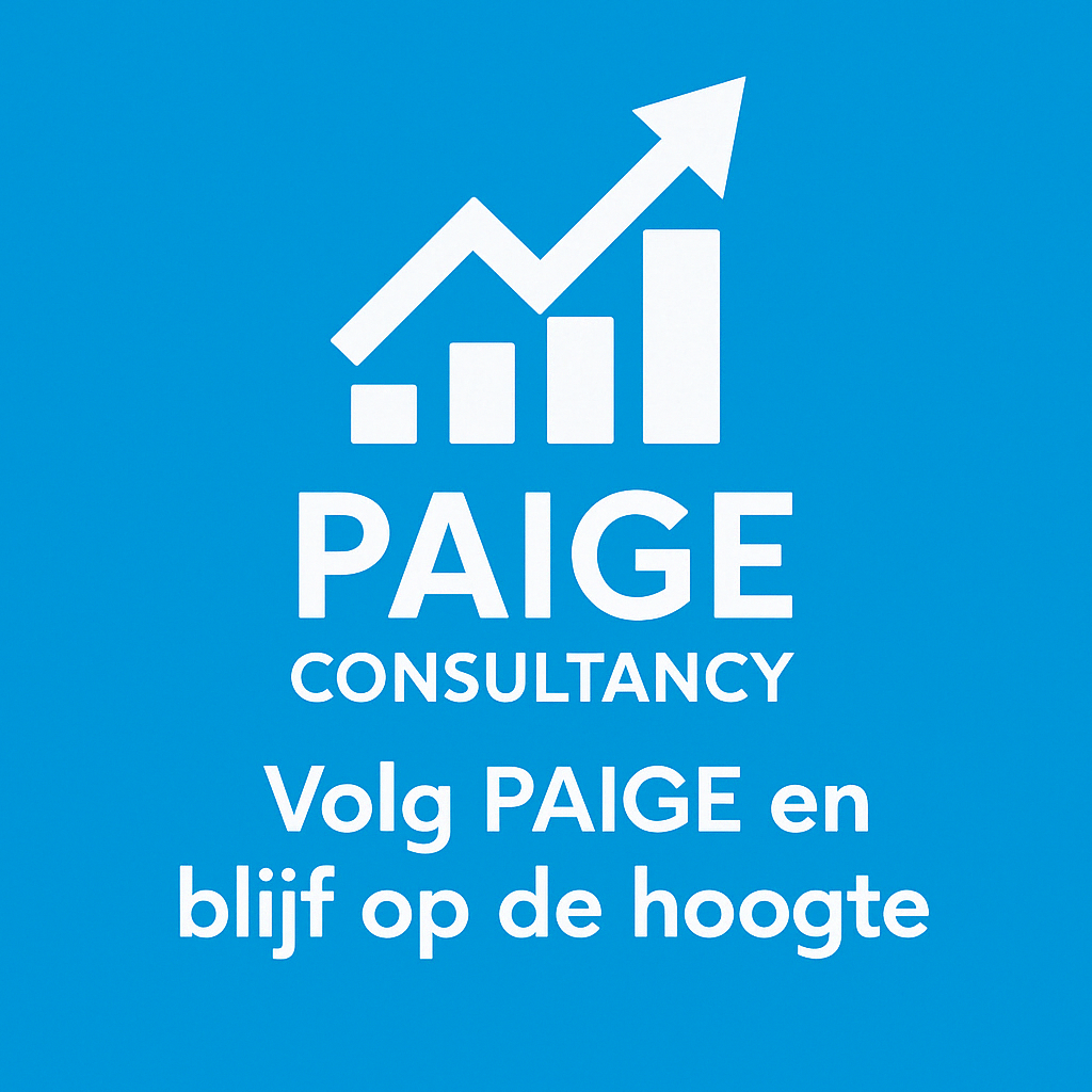 Logo van Paige Consultancy met een stijgende grafiek en de tekst 'Volg PAIGE en blijf op de hoogte' op een blauwe achtergrond.