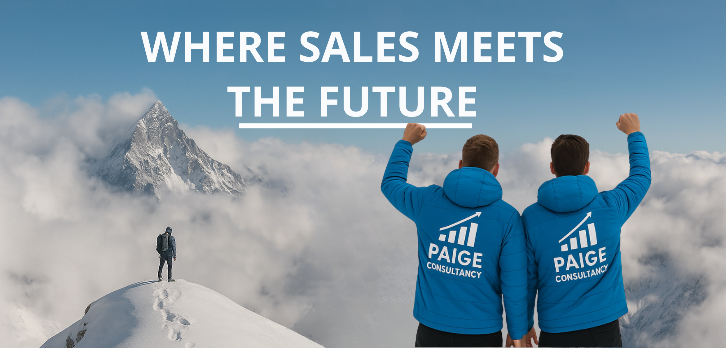 Twee mannen in blauwe jassen met het logo 'PAIGE CONSULTANCY' wandelen op een besneeuwde bergtop, met een berg en wolken in de achtergrond en tekst 'WHERE SALES MEET THE FUTURE' bovenaan.