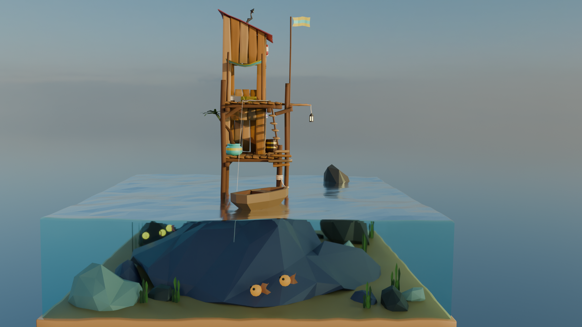 Low Poly Fish Hut | Created: 7.27.25 | Software: Blender 4.4.3 | Cycles Render | Stylized Modeling | Hard Surface Practice
Description:
This stylized seaside shack was built as part of a Grant Abbitt tutorial focused on low poly modeling principles.