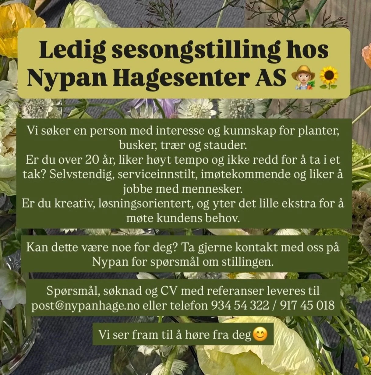 Lyst til &aring; bli en del av v&aring;rt team? 🌻 

Vi er p&aring; utkikk etter nye sesongarbeidere - ta kontakt om dette kan v&aelig;re noe for deg☺️