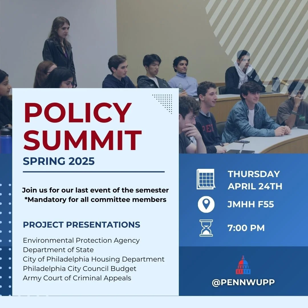 Come join us at our Policy Summit this Thursday, April 24th at 7pm in JMHH F55. Our policy teams have worked hard all semester to showcase their final deliverables. This event is mandatory for all committee members. We look forward to seeing everyone