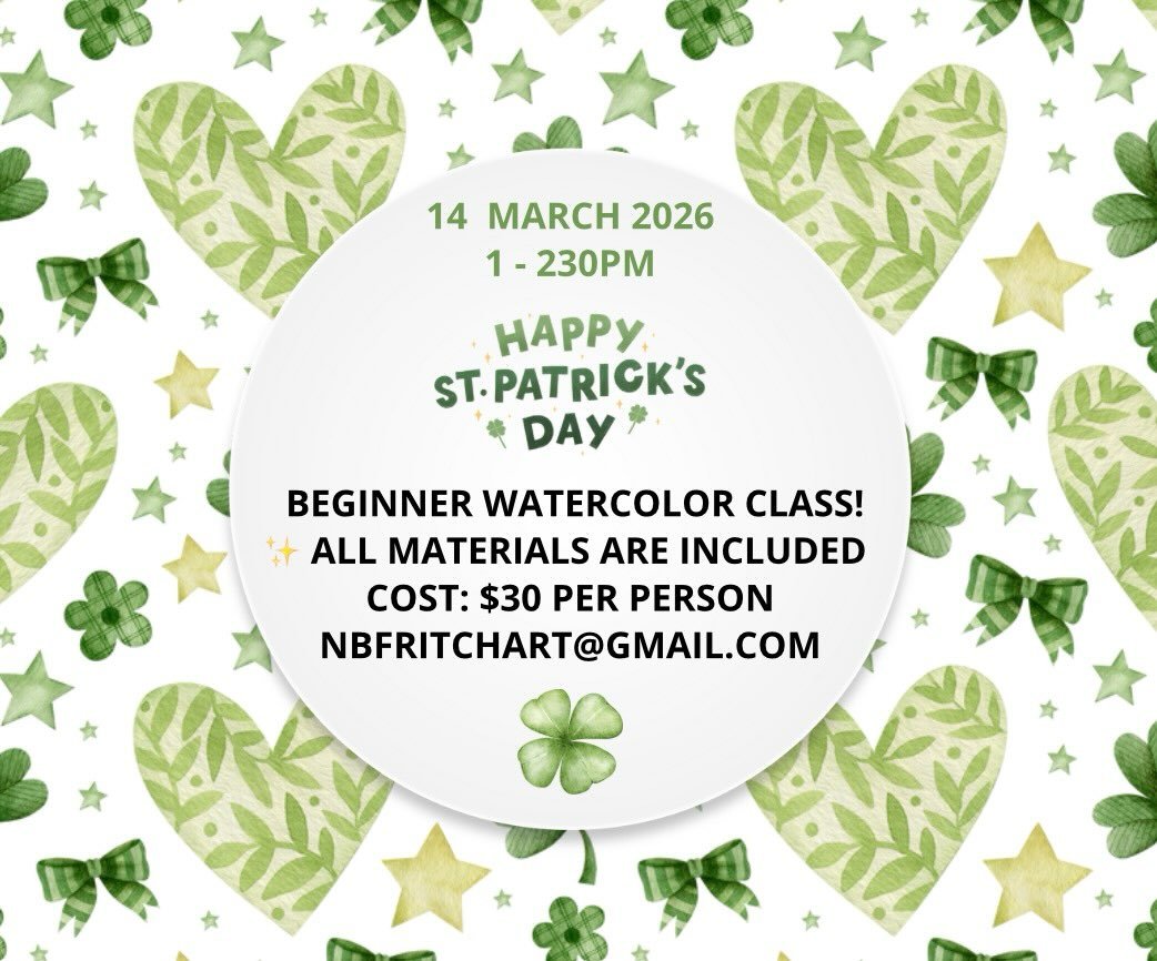March Beginner Watercolor Class!
Saturday, March 14, 2026  1 - 2:30pm

Join me for a relaxing Beginner Watercolor Class! We will paint A cozy Irish cottage complete with shamrocks and rainbows. We will also practice simple watercolor techniques. This
