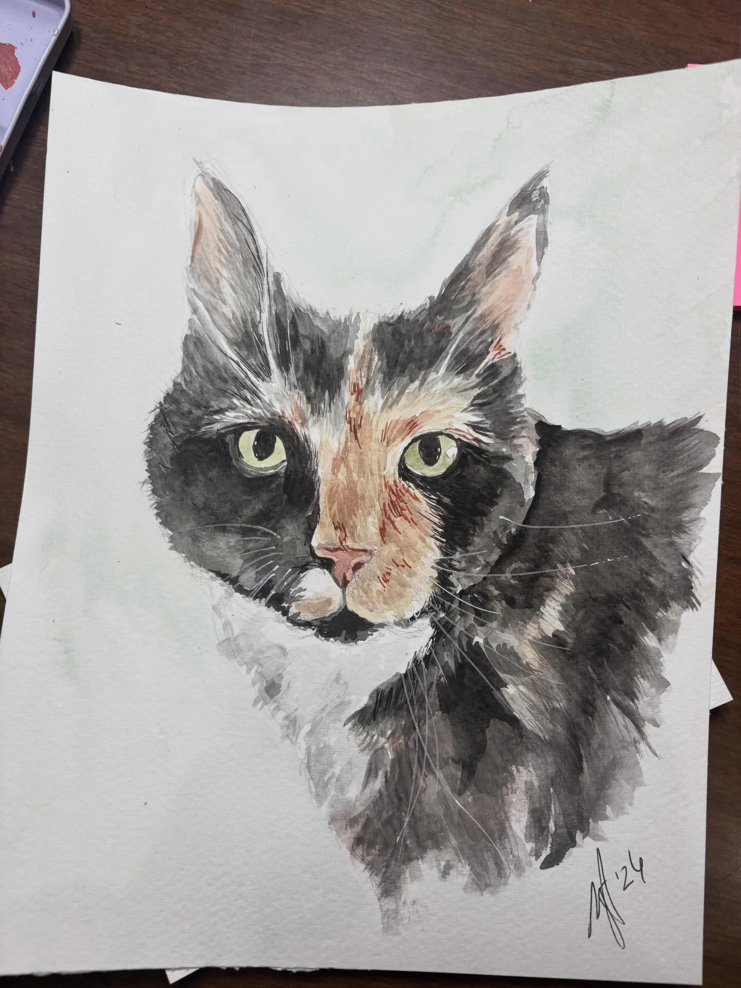 This is the kitty I was painting during a really emotional week while helping move my mom into a memory care facility for Alzheimer&rsquo;s. It was one of those paintings where I had to restart, redraw, and really push through mentally to finish it.
