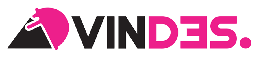 Logo with a pink and black stylized mountain and the text 'VINDES' with the 'D' and 'E' reversed in pink.