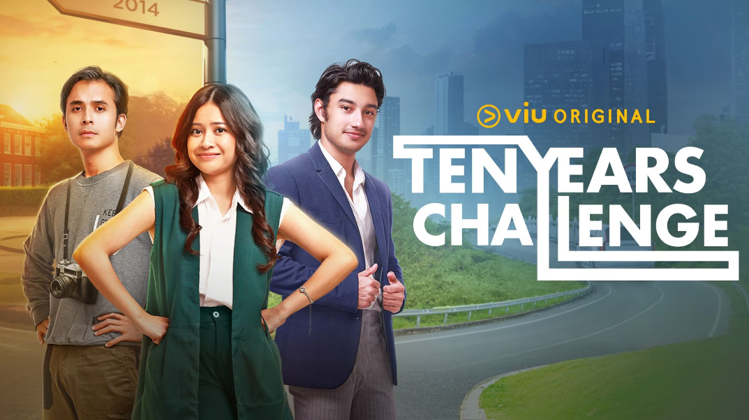 Poster for the Viu Original series 'Ten Year Challenge' featuring three young adults, two men and one woman, standing on a curved road with a cityscape in the background. The woman in the center wears a white shirt and green vest, the man on the right wears a blue suit, and the man on the left wears a gray hoodie with a camera around his neck.
