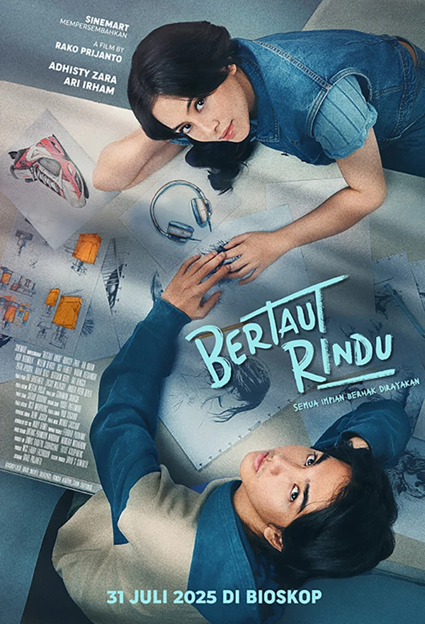 Promotional poster for the movie "Bertaut Rindu" featuring two young women lying on a table with architectural plans and sketches, one wearing a denim jacket and the other in a beige blazer, with release date July 31, 2025.