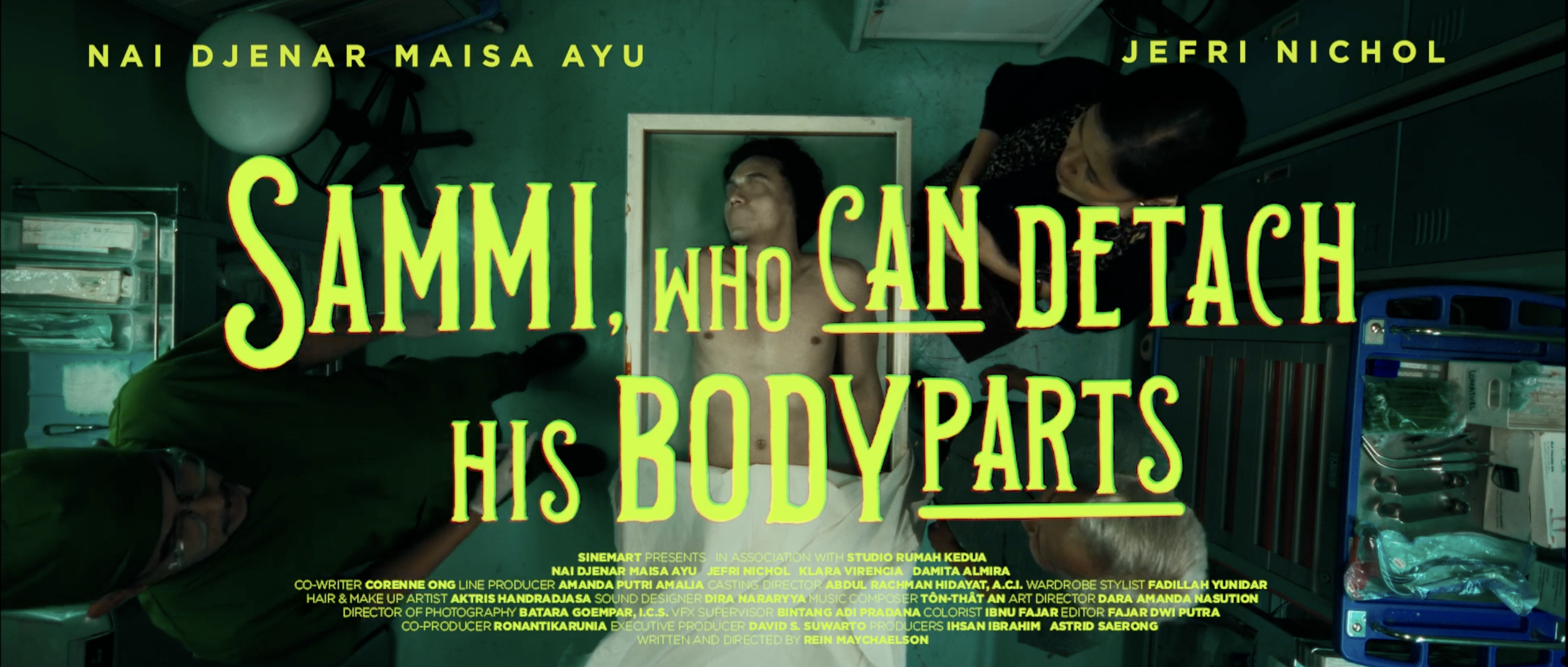 Movie poster for 'Sammi, Who Can Detach His Body Parts,' showing a person lying on an operating table with two women attending to him, medical supplies around, and bright yellow text over the image.