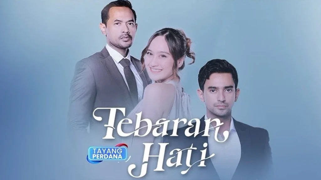 A promotional poster for the TV show 'Tebaran Hati' features three characters dressed in formal attire against a blue background with their portraits. The show's title is written in white script, and a small logo for 'Tayangan Perdana' is in the lower left corner.