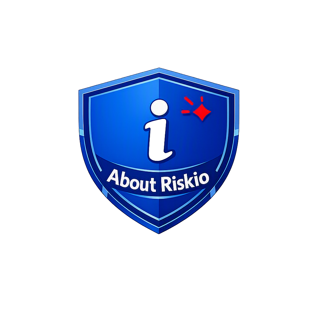 A blue shield emblem with a white letter 'i' and a red sparkle, containing the text 'About Riskio' indicating risk awareness or safety information.
