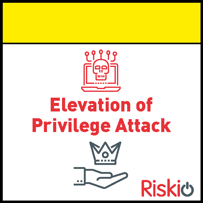 Graphic warning about privilege attack risk, with a skull connected to a computer, and a hand holding a crown, indicating elevated privilege levels.