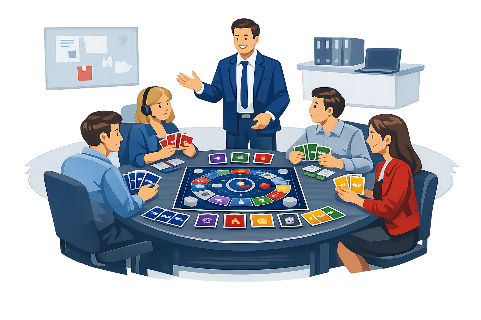 A group of five people playing Monopoly in a conference room, with a man in a blue suit leading the game, and four players with cards in hand.
