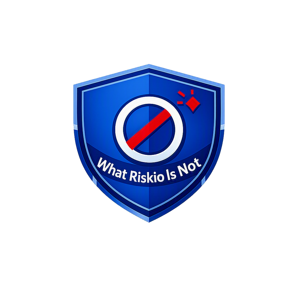 A digital illustration of a shield badge with a blue background and a circle with a diagonal red line through it in the center. Below the circle, the text reads "What Risk Is Not." The badge symbolizes safety or security, with a small red diamond shape and lines indicating alertness or caution.