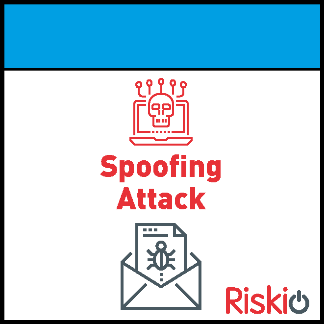 Graphic warning of spoofing attack, showing a skull inside a computer monitor, with a red circuit line outline, and a phishing email icon with a bug and a send button, emphasizing cybersecurity threat.