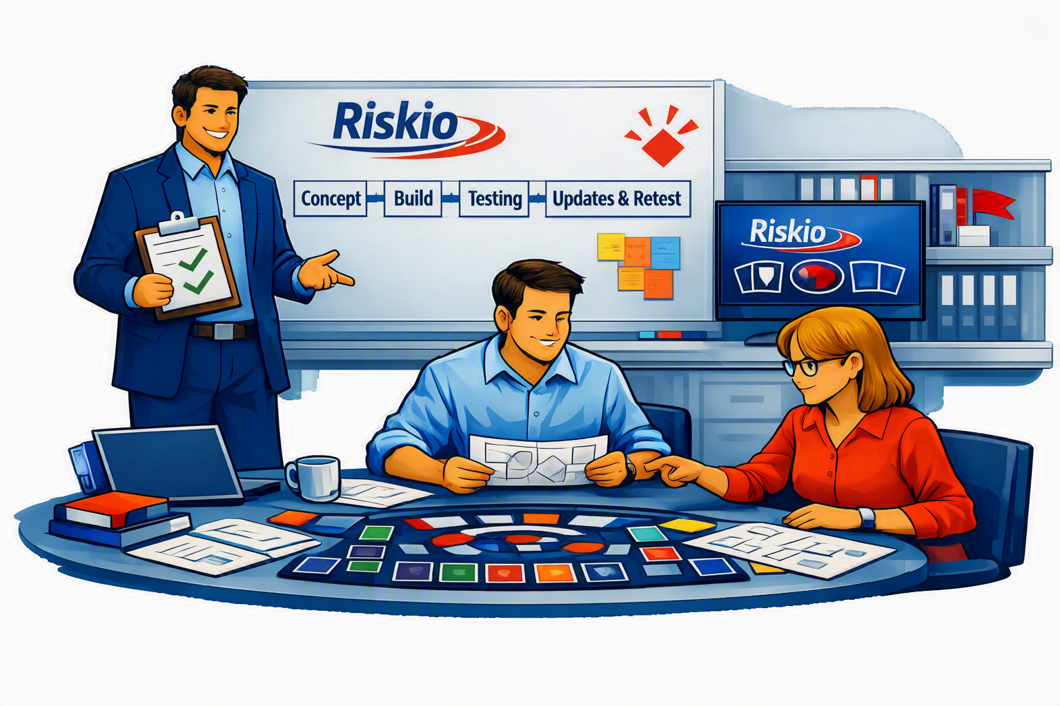 Illustration of three professionals in a meeting room with Riskio branding, discussing a project; one man is holding a notepad with checkmarks, the other man and woman are reviewing documents at a table with game pieces and papers, and a whiteboard displays project stages.