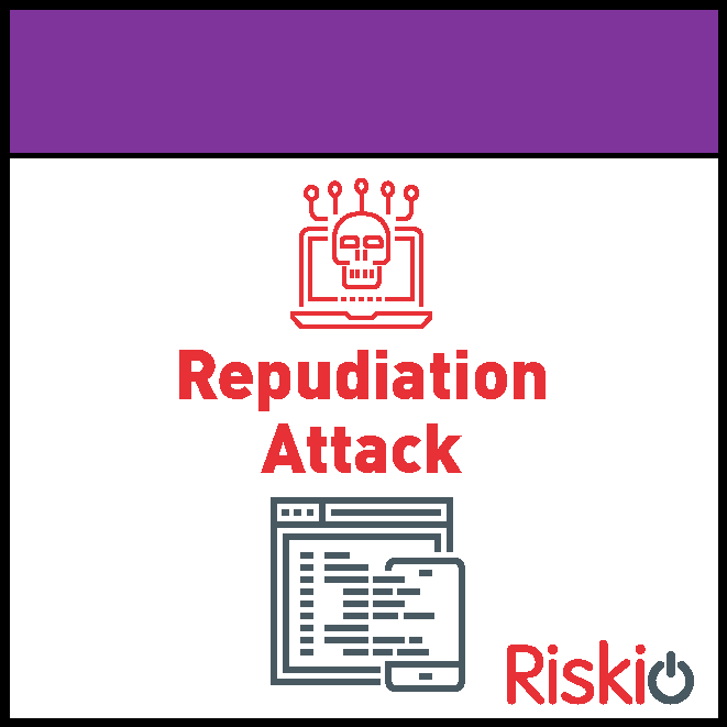 Design graphic titled "Reputation Attack" featuring a red skull with circuit lines connected to a laptop, and an icon of a computer window with a mobile device, with the word "Riski" and a power symbol in the bottom right corner.