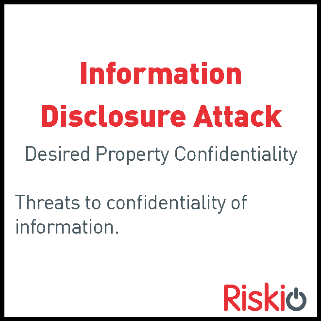 A slide titled "Information Disclosure Attack" discusses threats to the confidentiality of desired property information, with the word "Riski" at the bottom.