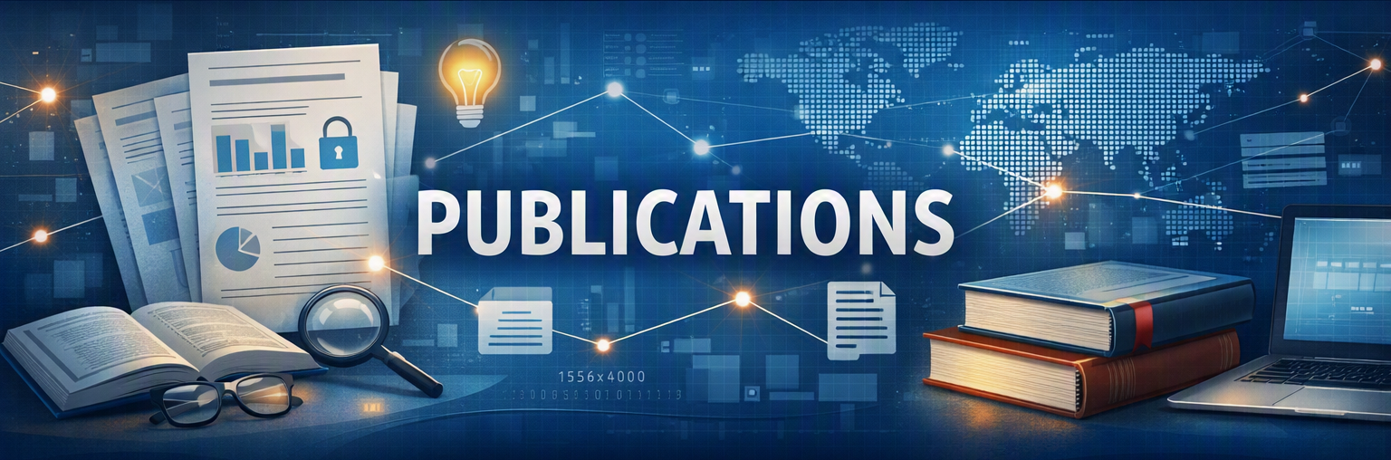 Digital collage of published documents, books, laptop, magnifying glass, glasses, graphs, pie charts, documents, lightbulb, world map, connecting lines, and the word 'Publications' in the center.