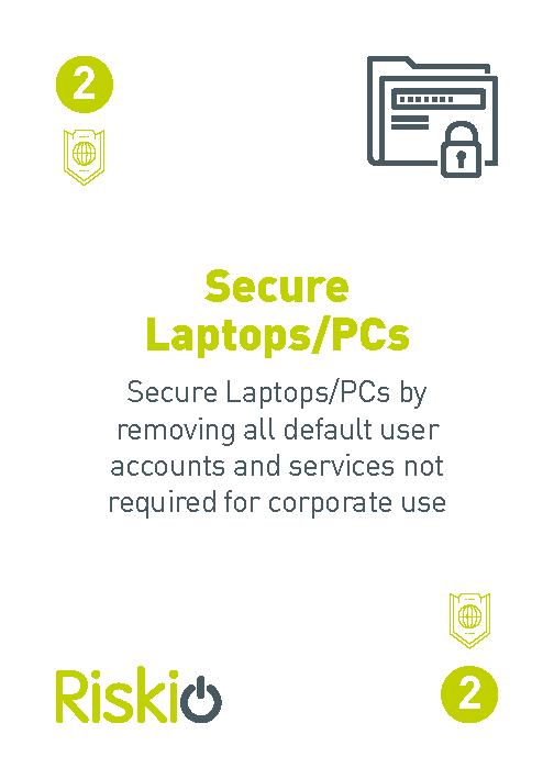 An informational graphic about securing laptops and PCs by removing default user accounts and services, with icons of a computer lock and a document, and the number 2 indicating a step.