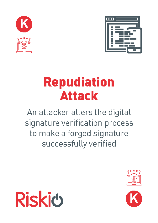 A digital graphic about a 'Reputation Attack,' describing how attackers fraudulently alter digital signature verification processes. It includes icons of a computer, a signature, and a logo with the words 'RiskIQ'.