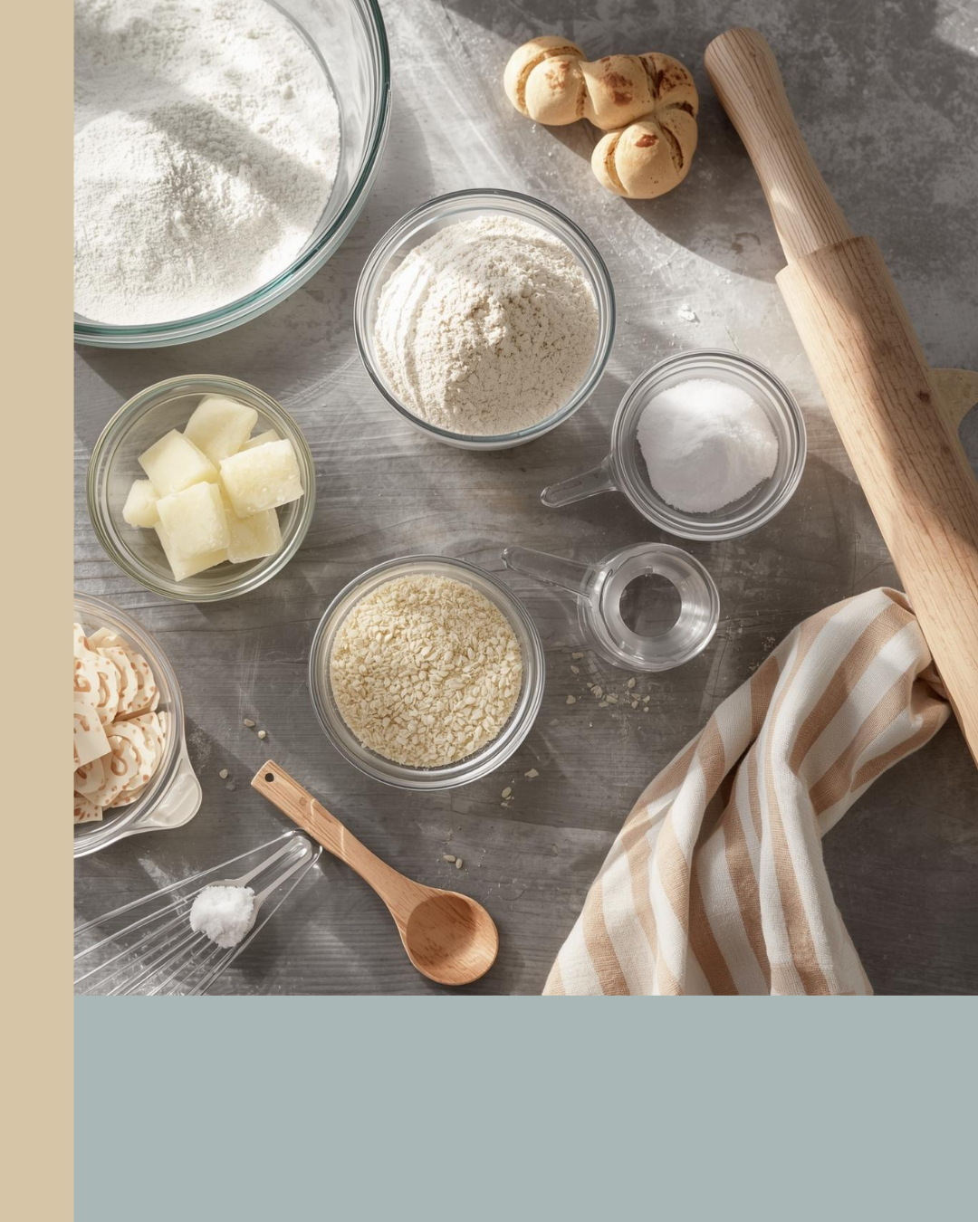baking ingredients organised in glass bowls on a. stainless steel table with a brown and white striped kitchen towel and a wooding rolling pin and wooden spoon