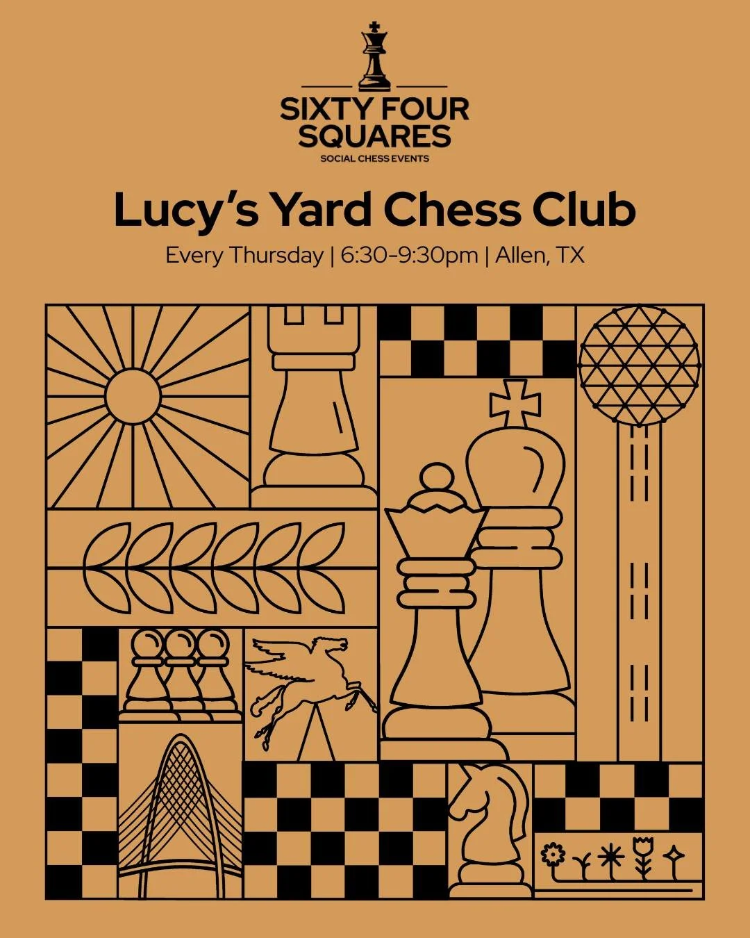Lucy&rsquo;s Yard Chess Night happens every Thursday from 6:30 to 9:30 PM in Allen, TX.
A free beginner-friendly lesson starts at 7 PM &mdash; no experience needed.
Come solo or bring a friend &mdash; we&rsquo;ll help you find a game.
It&rsquo;s free