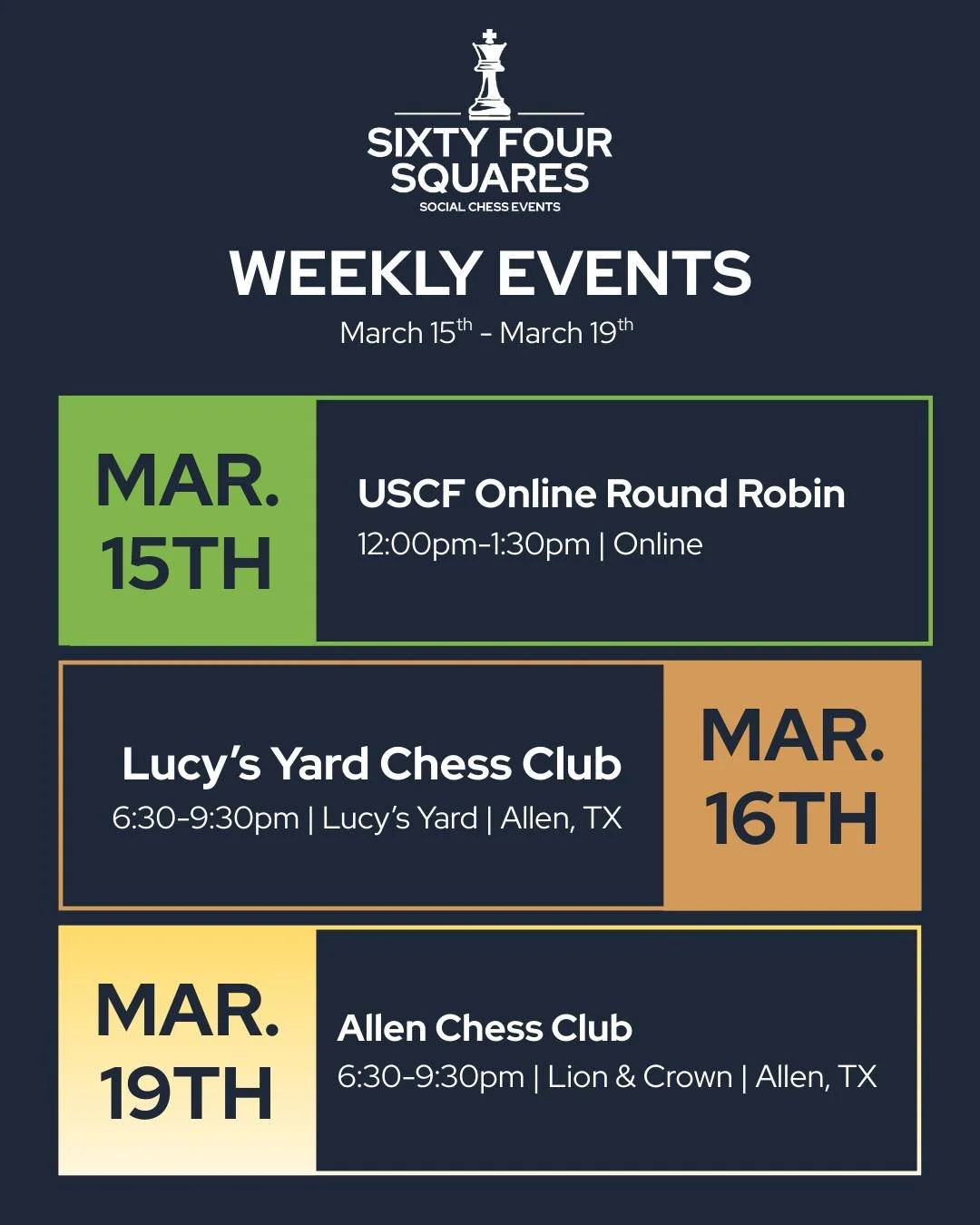 THIS WEEK&rsquo;S CHESS SOCIALS

Real conversations. Real boards. Real connection.
Tired of screens and small talk? Join us this week for relaxed, adult social chess nights designed for genuine connection &mdash; not competition. Whether you&rsquo;re