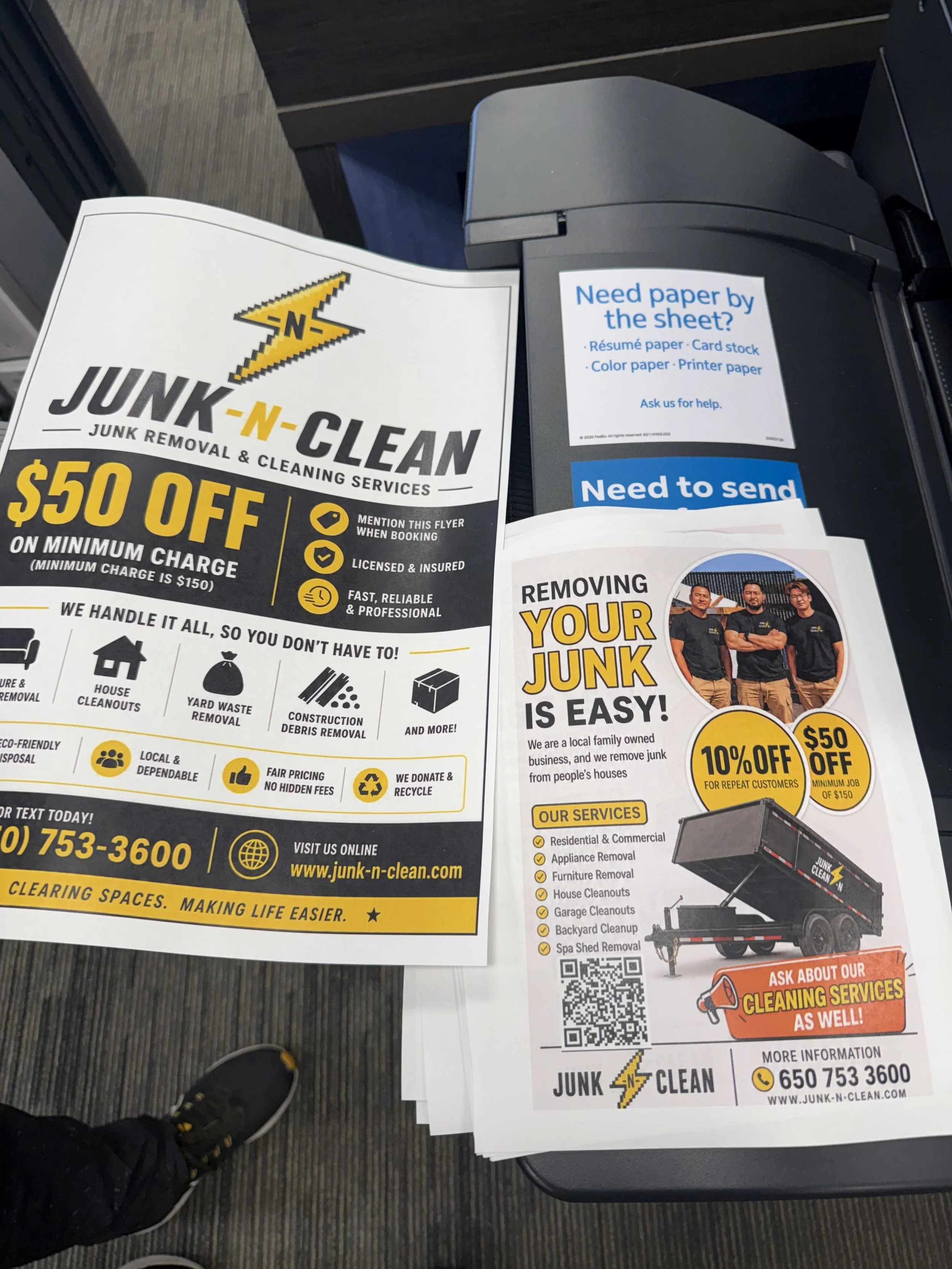 Flyers for Junk-N-Clean offering junk removal and cleaning services, including discount offers, list of services, contact information, and a QR code.