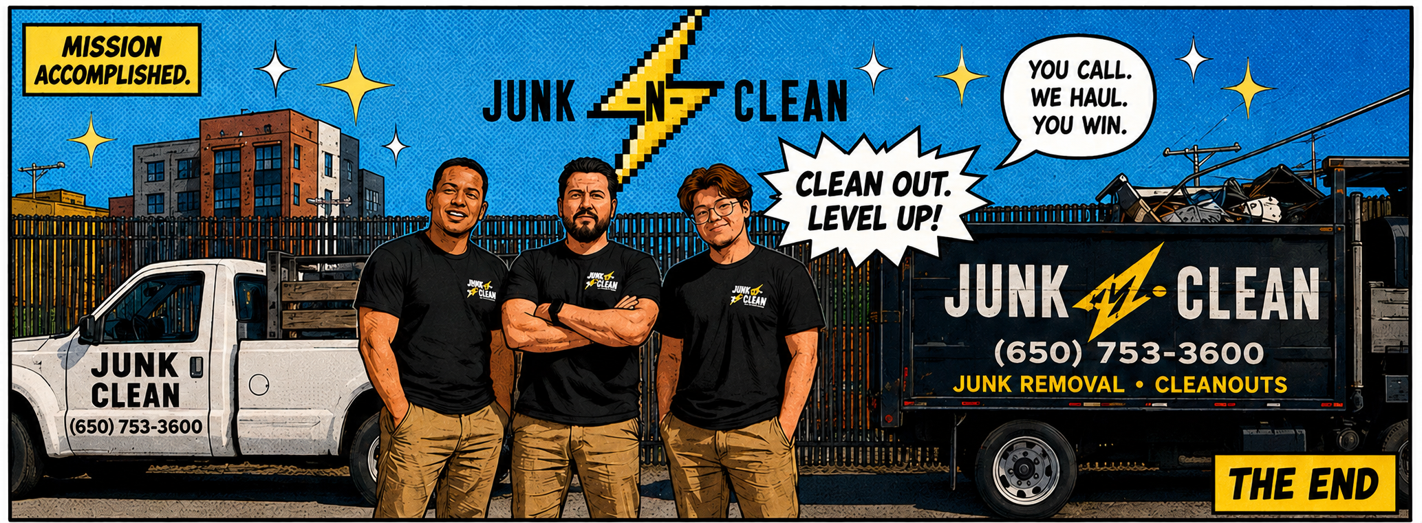 Illustration of three men in black shirts with 'Junk Not Clean' logo standing in front of a white and black junk removal truck with contact number. The background is a cityscape with buildings and utility poles. The image has comic-style speech bubbl