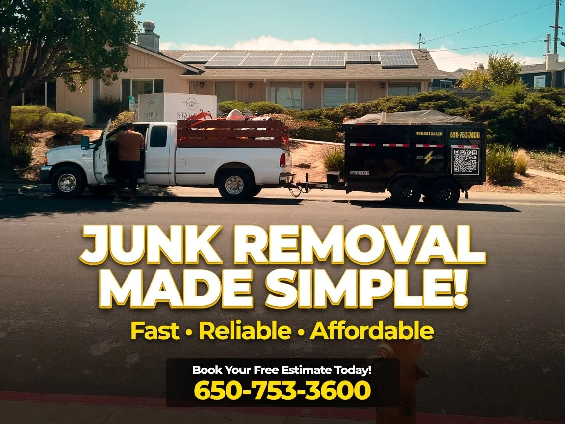 A white pickup truck with an open door parked on the street, connected to a black junk removal trailer. There are houses with solar panels and bushes in the background. Overlay text reads, 'Junk Removal Made Simple! Fast, Reliable, Affordable' with a