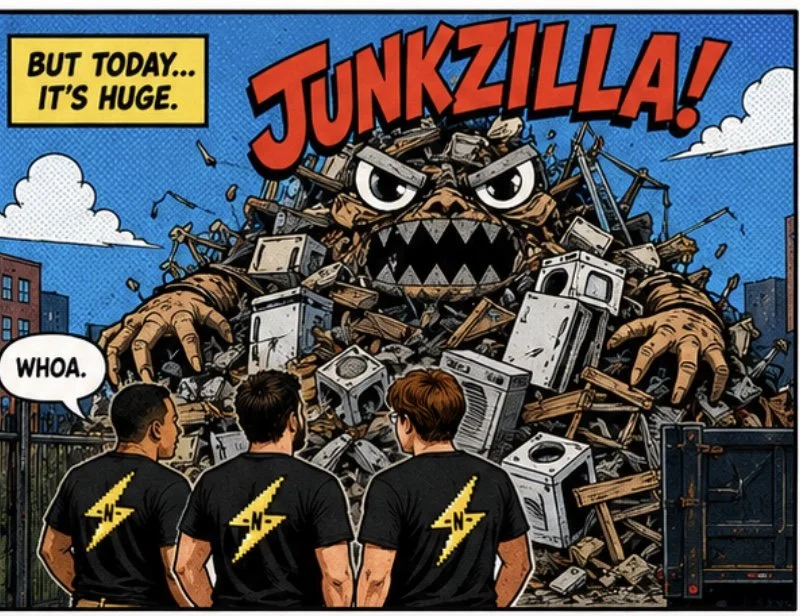 Three young men wearing black t-shirts with yellow lightning bolt logos on their backs stand in front of a mountain of rubbish with a giant face emerging from it, featuring angry eyes and a mouth filled with sharp teeth. The scene is set in an urban 