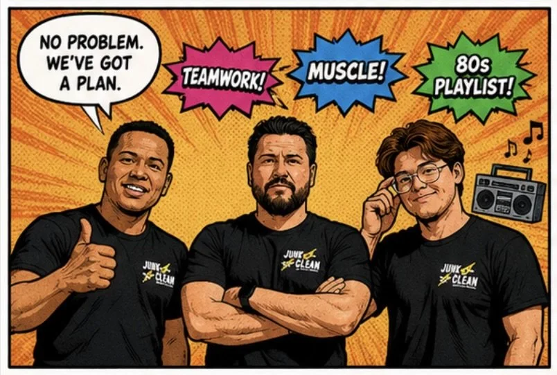 Three men in black t-shirts with 'Juice Clean' logo, posing confidently with colorful comic-style speech bubbles reading 'No problem. We've got a plan.', 'Teamwork!', 'Muscle!', and '80s playlist!'.