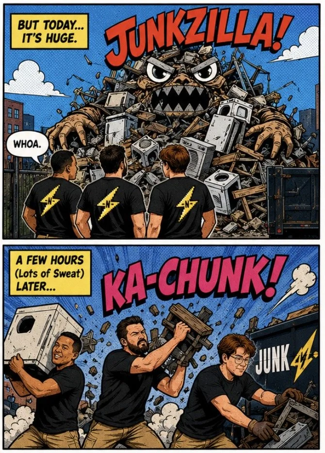 Three young men in black T-shirts with a yellow lightning bolt logo on the back stand in front of a mountain of debris, including broken appliances and scrap metal, as a monstrous creature made of trash with angry eyes and sharp teeth emerges from th