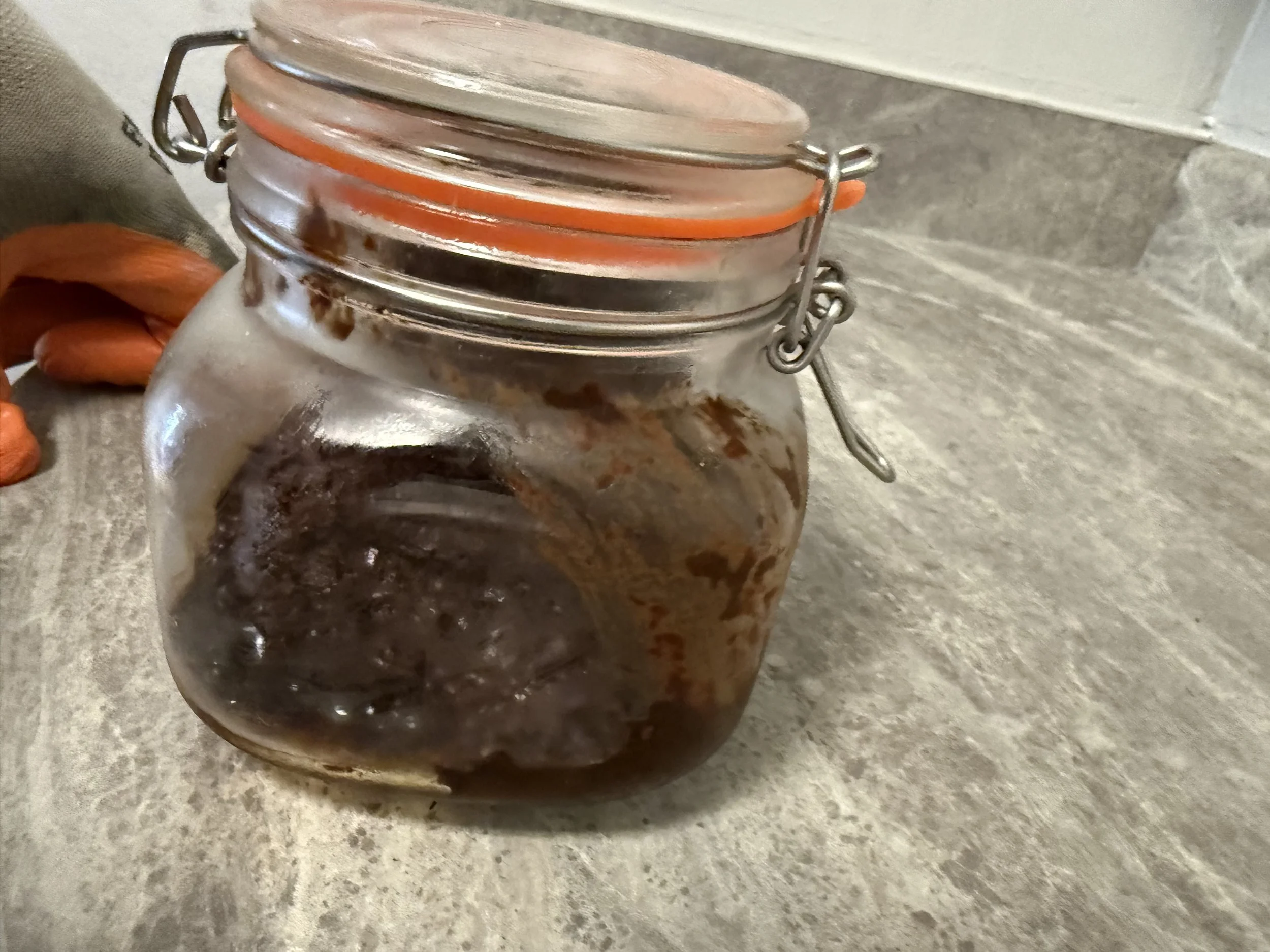 A glass jar with a metal latch and orange gasket seal sitting on a gray countertop.
