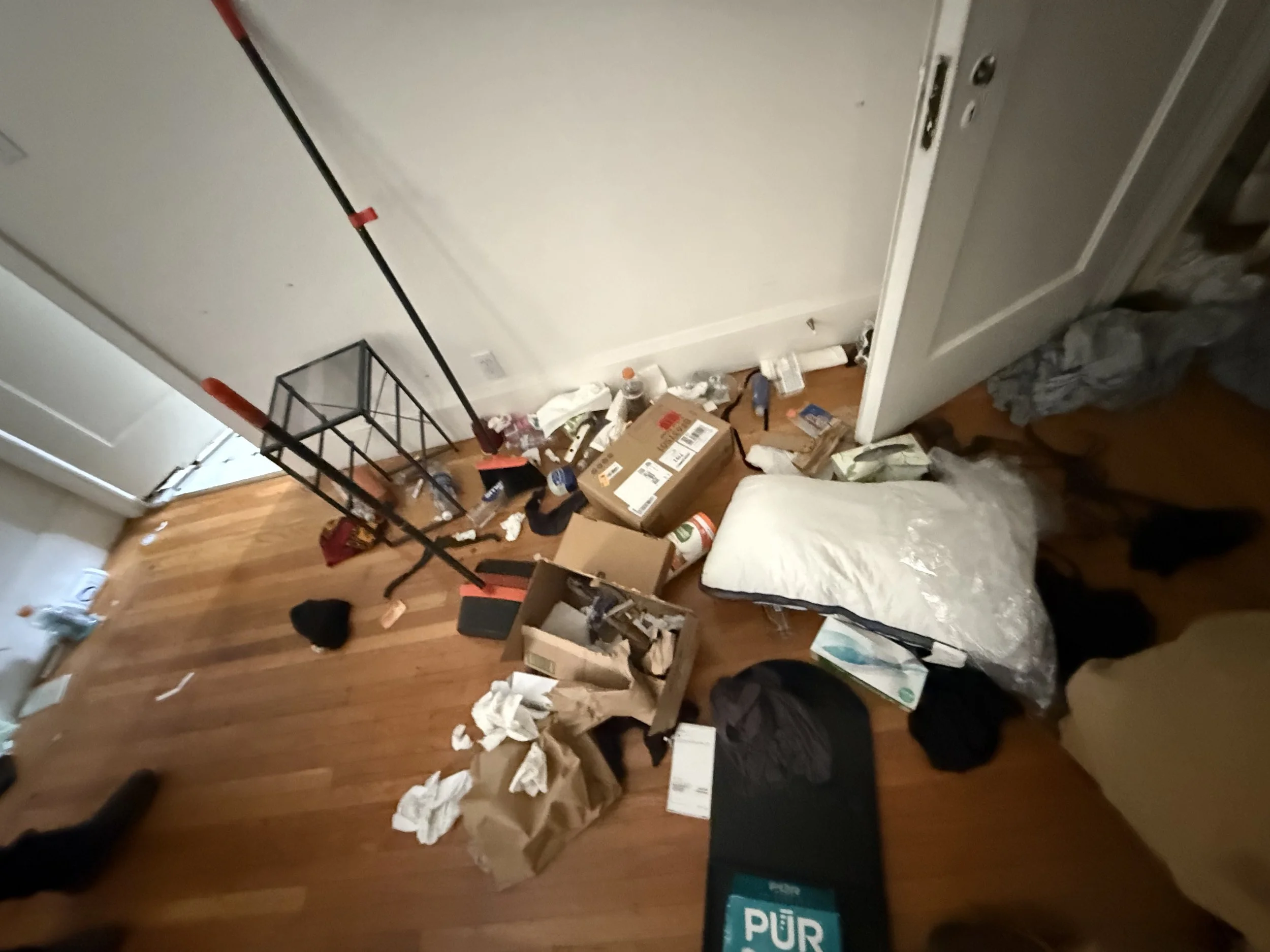 A cluttered entryway or living space with scattered papers, cardboard boxes, and miscellaneous items on a wooden floor, a door partially open, and a metal plant stand in the scene.