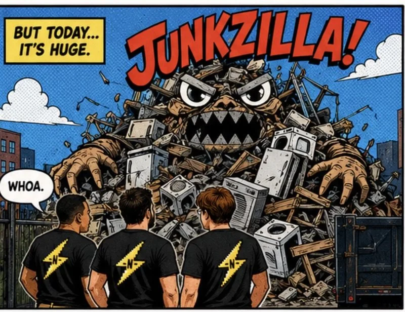 Three young men wearing black T-shirts with a yellow lightning bolt design on the back stand in front of a giant monster made of debris, including appliances and furniture, yelling "JUNKZILLA!" The monster has angry eyes, sharp teeth, and is emerging