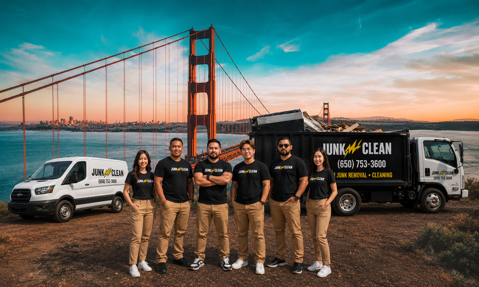 Group of six employees in black JUNK CLEAN shirts and tan pants standing in front of a junk removal truck and van with the Golden Gate Bridge in the background during sunset.