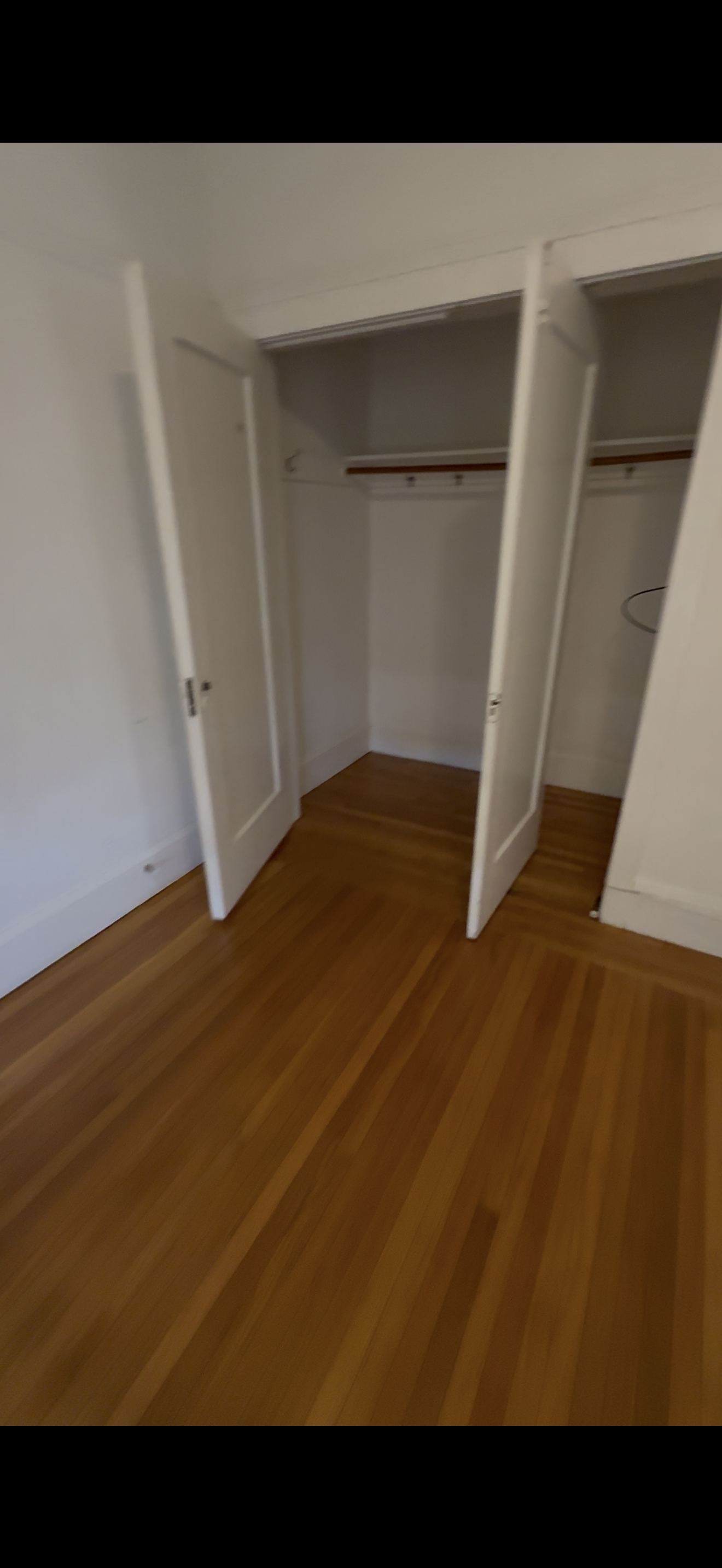Empty closet with open white doors, wooden floor, and a closet rod inside.