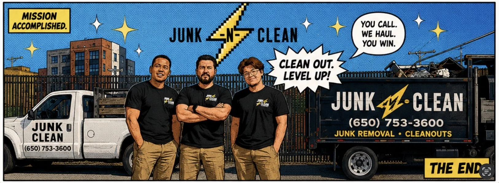 A comic-style illustration of three men standing in front of a junk removal truck and a pickup truck with 'Junk Clean' written on the sides. The background depicts a cityscape with apartment buildings. Bold text at the top reads 'Mission Accomplished