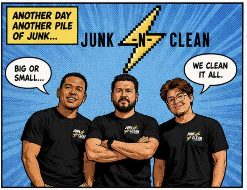 Three people in black t-shirts with a company logo saying 'Junk & Clean' pose in front of a comic-style background with a lightning bolt. They are discussing junk removal, with speech bubbles saying 'Big or small...' and 'We clean it all.' The top ba